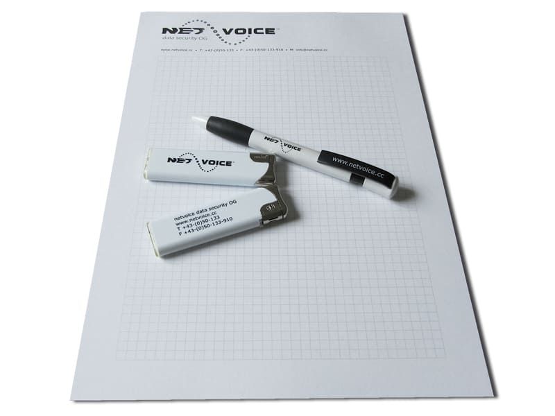 Gestaltung Block Feuerzeug Kugelschreiber für netvoice data security 