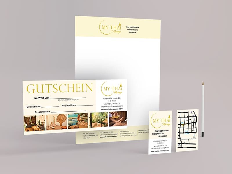 Briefpapier Gutschein Visitenkarte MY THAI Massage Wien Design von Werbeagentur Mauenbert Burgenland Wien